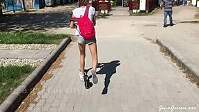 Tiny perky titsed blonde Gina pleasures herself in the city