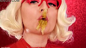 Attractive mature lady wearing latex and braces loves to eat and play with saliva