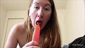 Sucking dick with a tattooed redhead using a dildo for facial fun