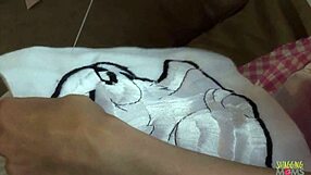 Naughty guy convinces blonde cutie in stockings to suck his pierced cock on the sofa