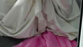 Woman in satin nightgown receives cum