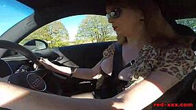 British mature redhead fingers her shaved cunt in the car again