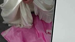 Woman in satin nightgown receives cum