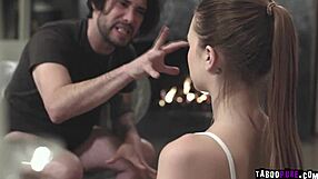 Girl with big tits fucks husband with strapon on all fours