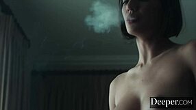 Janice Griffiths teases with blowjob and lick, then fucks in missionary and riding, bound for cumshot.