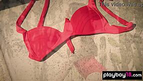 Hot little brunette teen Jane Wilde strips off her red bikini