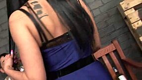 The busty brunette cop rides a horny guy sideways on the bench, her big tits bouncing during the intense fucking