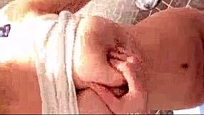 Girl teases with huge tits in toilet before cumshot