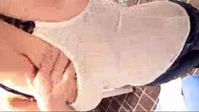 Girl teases with huge tits in toilet before cumshot