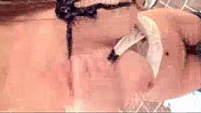 Girl teases with huge tits in toilet before cumshot