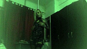 blonde cam girl strips in black stockings at home