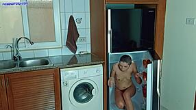 naughty stepdaughter hid in the fridge and surprised with dry suck