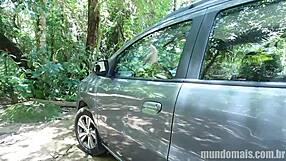 Crossdressing guy takes big interracial cock bareback in woods car