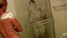 i remember seeing two hot babes in the shower, nude and bathing. they showed off their natural tits while enjoying the water