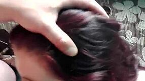 an amateur brunette wife gives the best blowjob ever, ending with a cumshot on her huge tits in pov