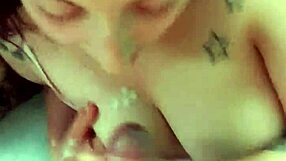an amateur brunette wife gives the best blowjob ever, ending with a cumshot on her huge tits in pov