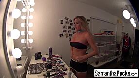 Samantha saint nude blonde babe masturbates solo in black light
