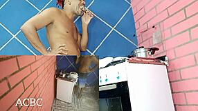 teen gets anal fucked in kitchen and cums on ass