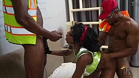 18-year-old petite girl takes on a big black cock in the workplace