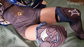 Girlfriend In Eula Cosplay Gives Footjob And Masturbates