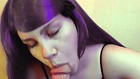 Naughty Purple Brunette Bitch Sucks Cock POV, Gives Handjob, Deepthroats, and Gets Facial Cumshot Closeup