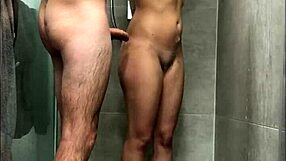 analsex and facial happen in the shower with shaved pussy