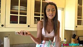 Lily, the suspected slutty stepdaughter, indulges in blowjobs, doggystyle fucking, bent-over riding, and kinky lingerie play with natural tits