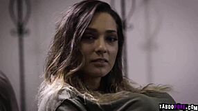 Jaye Summers, a virgin teen 18+ brunette with tattoos, delivers a hardcore blowjob to a throbbing cock, deepthroating and ending in cumshot.