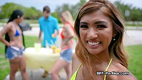 Intense Foursome Blowjob Action in Bikinis While Selling Lemon Juice