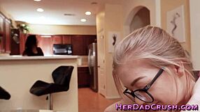 glasses-wearing teen rides massive cock in pov, gets handjob and facial