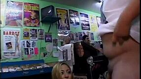 hot blonde licks her pussy and blows group of men