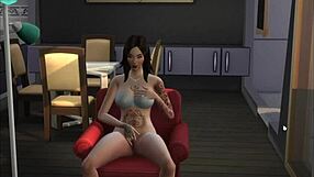 Tattooed Brunette in Sims 4 Masturbates with Pussy Fingering
