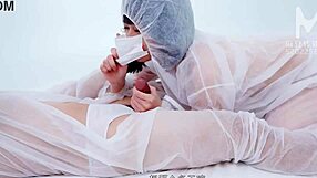 Masked asian shu ke xin in doggystyle blowjob