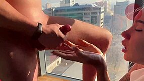 blonde babe deepthroats cock sweetly early morning on balcony, cum dripping on palms