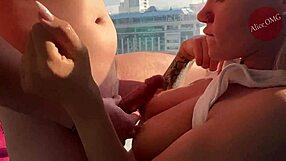 blonde babe deepthroats cock sweetly early morning on balcony, cum dripping on palms