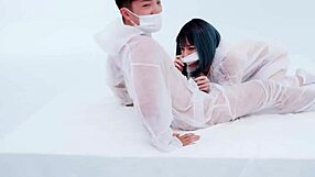 Masked asian shu ke xin in doggystyle blowjob