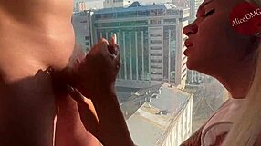 blonde babe deepthroats cock sweetly early morning on balcony, cum dripping on palms