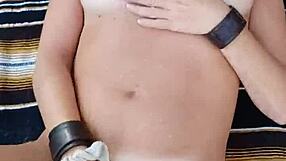 blond milf fingers pussy in public, gets creamed outdoors