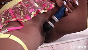 Ebony babe hazel grace slips into lingerie, strips teasingly, and bounces her big natural tits while vibrating her shaved pussy