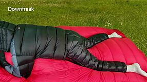 Jerking off in down mittens and jacket