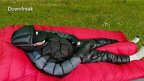 Jerking off in down mittens and jacket