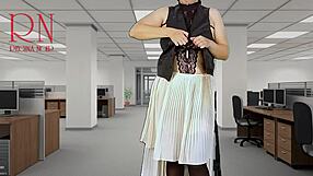 Naked secretary strips for her boss, revealing her enticing pussy, tits, and cunt in a seductive display.