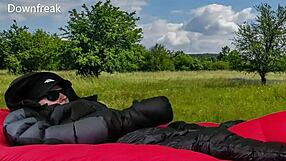 Jerking off in down mittens and jacket