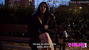 In the park, a horny busty woman calls her ex while a stranger licks her pussy.