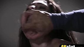 A masked man fucks the petite brunette teen roughly in bed