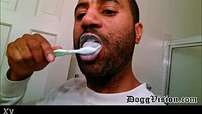 Blonde's sloppy blowjob with toothpaste spit in the mirror, so hot!