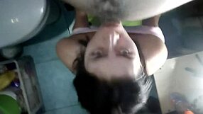 crazy hot chick drains balls in bathroom