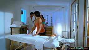 Hot brunette masseuse MILF rides client in taboo cowgirl fantasy