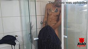 Brazilian brunette's bath turns interracial with joaoosafado! Natural tits and cock action!