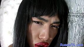 Tugging Russian Shemale Pleasures Her Tight Asshole with Toy